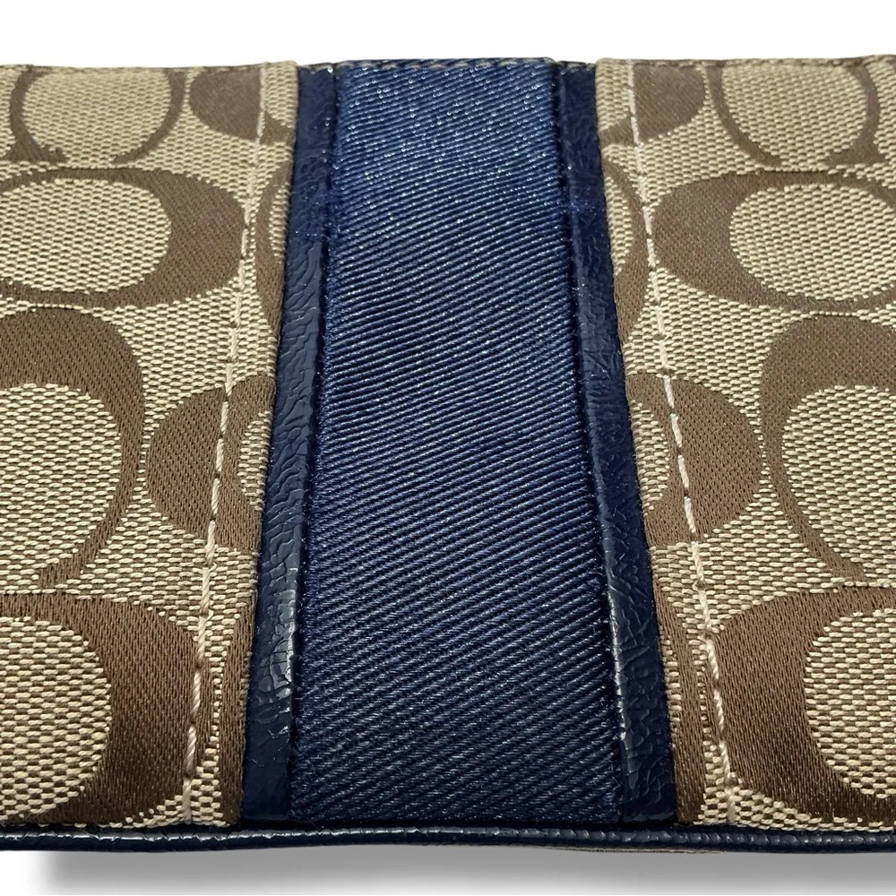 Coach Signature Navy Blue Striped Corner Zip Wristlet